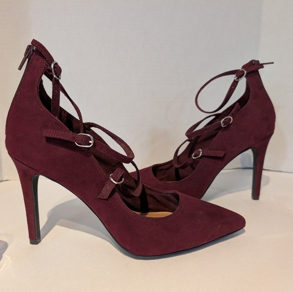 Burgundy Faux Suede 3 Strap Stilleto Heels Sz.10W Christian Siriano‎ - Picture 14 of 15